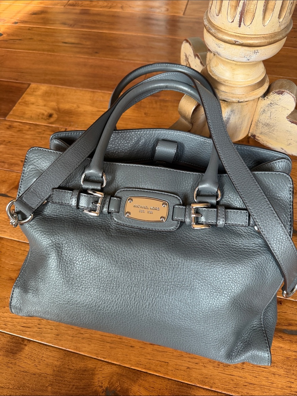 Michael Kors Gray Pebbled Leather Satchel with Silver Plaque
